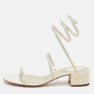 René Caovilla Cleo Size 37 Cream Crystal Embellished Leather Sandals